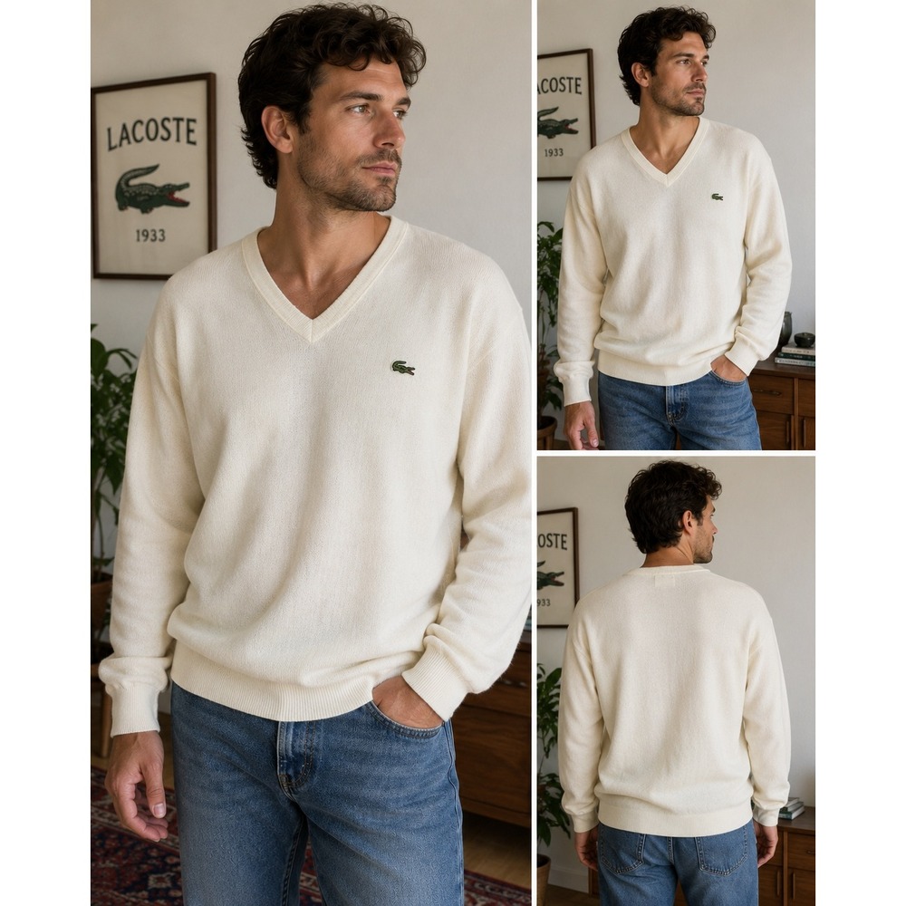 Izod Lacoste Sweater V-Neck Cream Orlon Acrylic Vintage Preppy Large